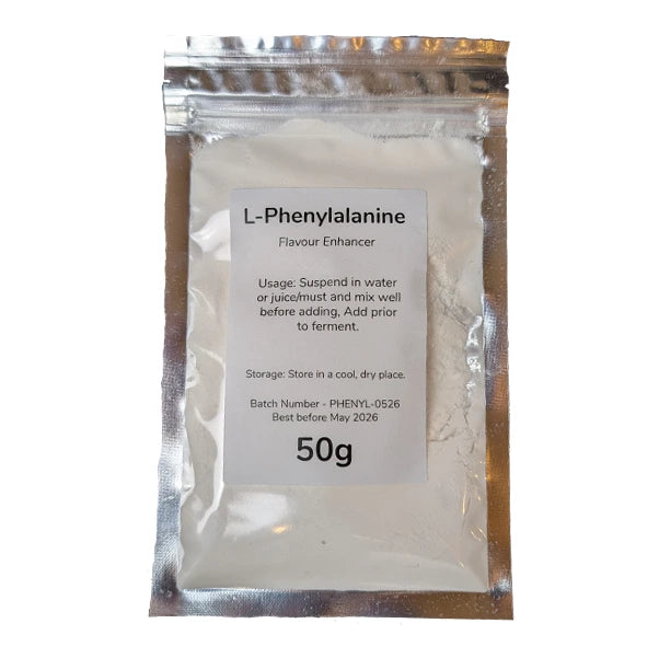 A 50g bag of L-Phenylalanine.