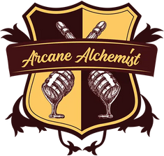 Arcane Alchemist Logo. A medieval style family crest with two honey drippers centering the heraldry.