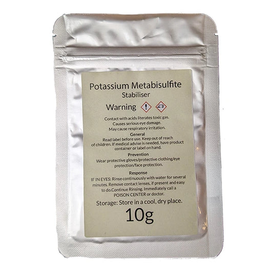 A 10g bag of potassium metabisulfite.