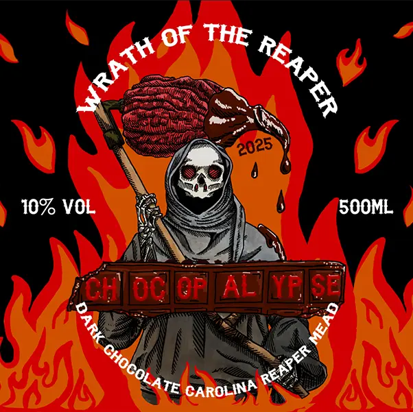 Wrath of the Reaper label art. The grim reaper holds a scythe, the blade made of a giant Carolina reaper chilli. Chocolate drips from the edge of the chilli scythe.