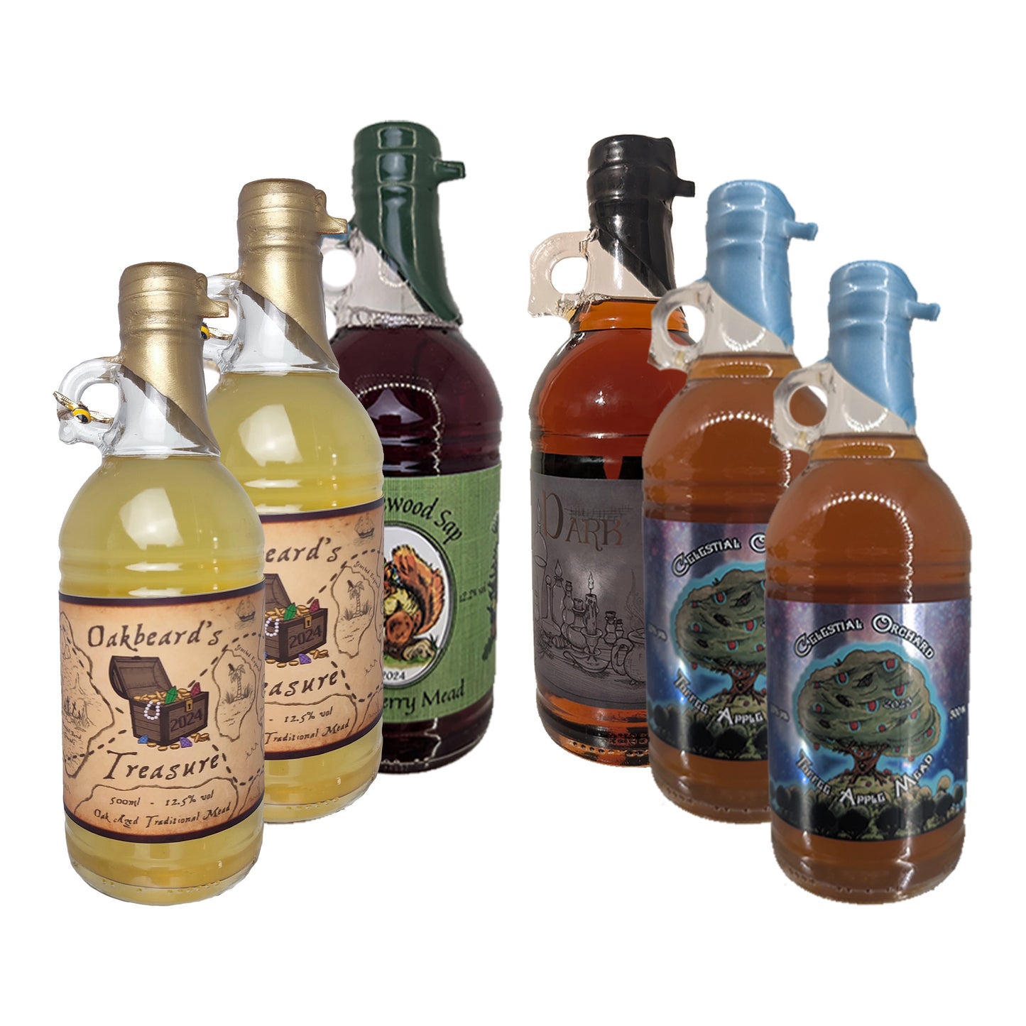 Two 500ml bottles of Oakbeard's Treasure, two 500ml bottles of Celestial Orchard, a 500ml bottle of Dark Alchemy, and a 500ml bottle of Bramblewood Sap.