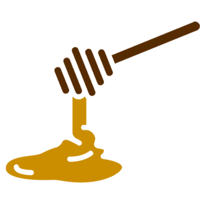 A wooden honey dripper with honey dripping from it. Honey is pooling below it.
