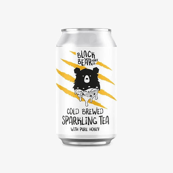 Can of Black Bear Honey Co. cold brewed sparkling tea with a bear illustration on a white background