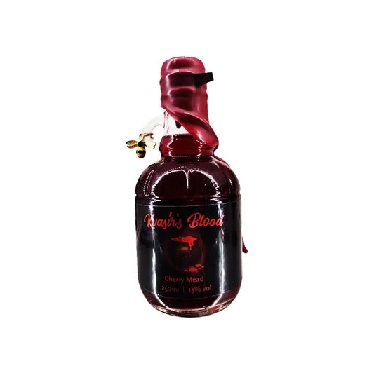 A 250ml bottle of Kvasir's Blood, with red wax dripping down the bottle.