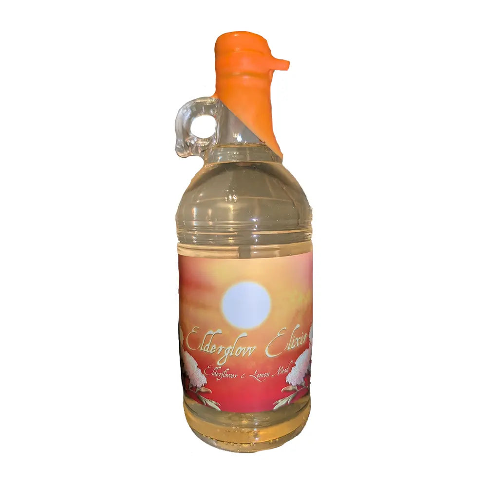 A 500ml bottle of Elderglow Elixir.