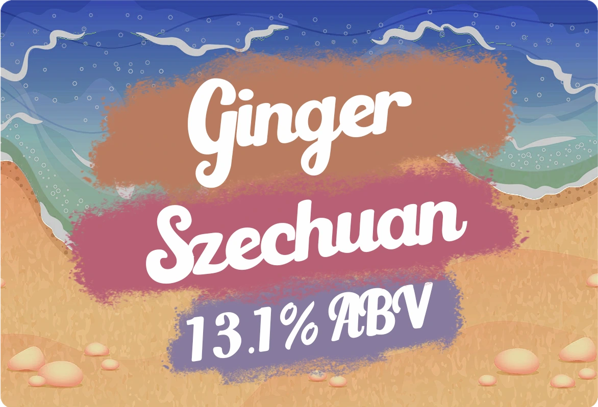Ginger Szechuan - 13.1% ABV. A sandy beach background.