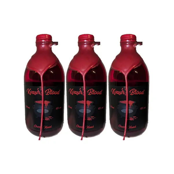 Three bottles of Kvasir's Blood on a white background.