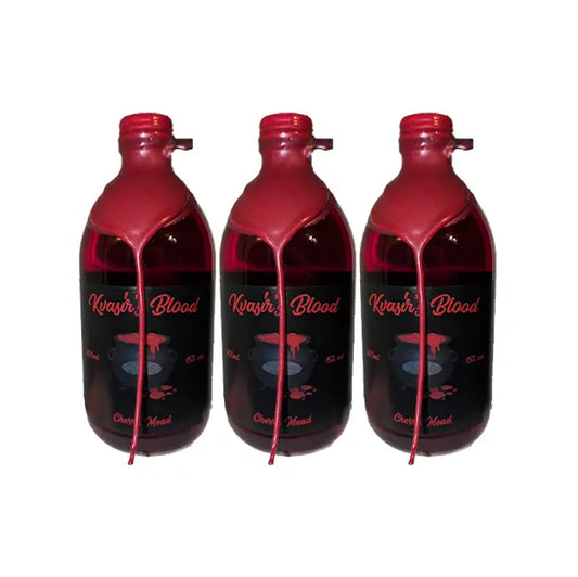 Three bottles of Kvasir's Blood on a white background.