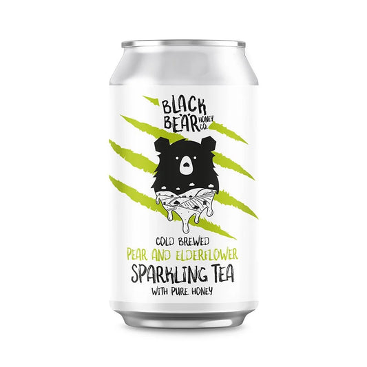 Can of Black Bear Honey Co. cold brewed sparkling tea with a bear illustration on a white background