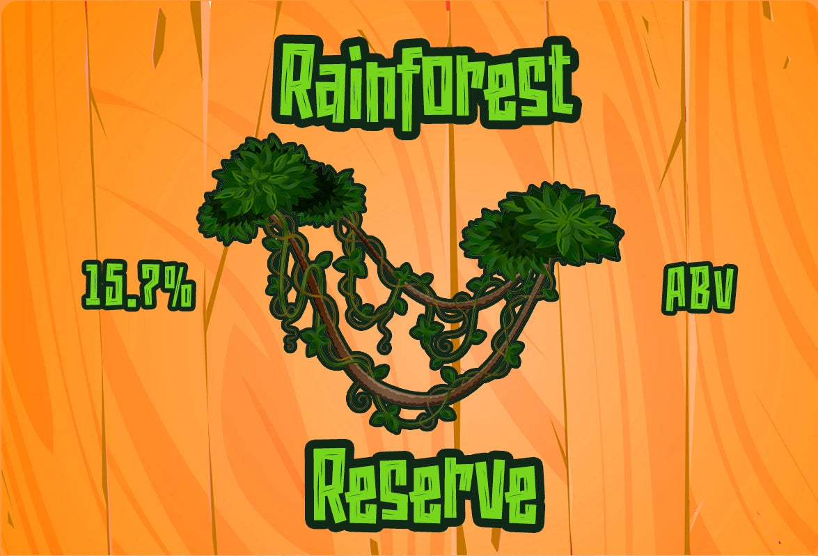 Rainforest Reserve - 15.7% ABV - Jungle Vines with a wood board background.