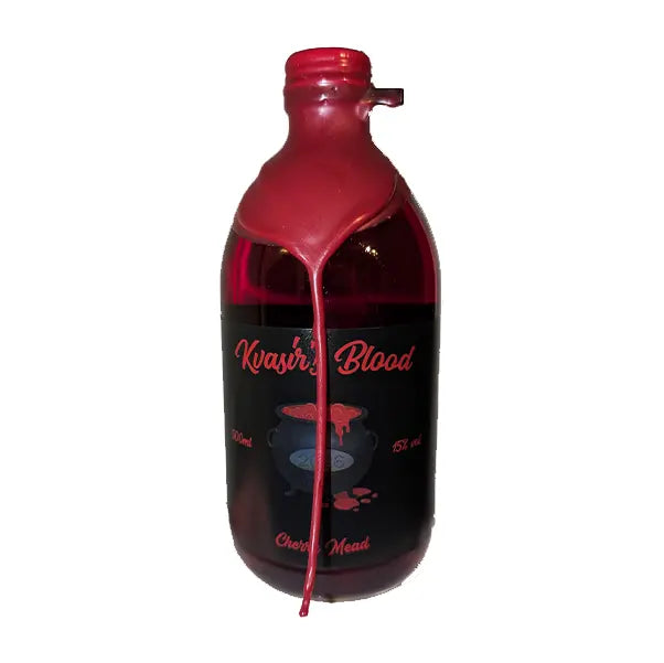 A 500ml bottle of Kvasir's Blood, with red wax dripping down the bottle.