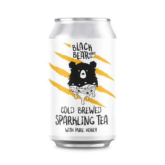 Can of Black Bear Honey Co. cold brewed sparkling tea with a bear illustration on a white background
