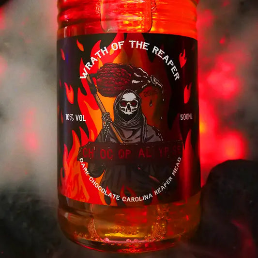 Wrath of the Reaper: Chocopalypse bottle with a smokey, firey, and brimstone background. Image credit to Nerdventure.