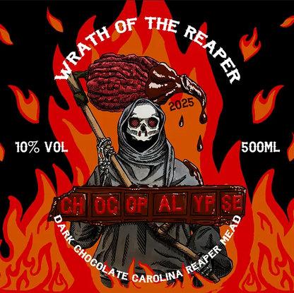 Wrath of the Reaper label art. The grim reaper holds a scythe, the blade made of a giant Carolina reaper chilli. Chocolate drips from the edge of the chilli scythe.