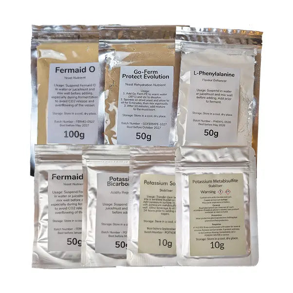 Bags of yeast nutrients and stabilisers.