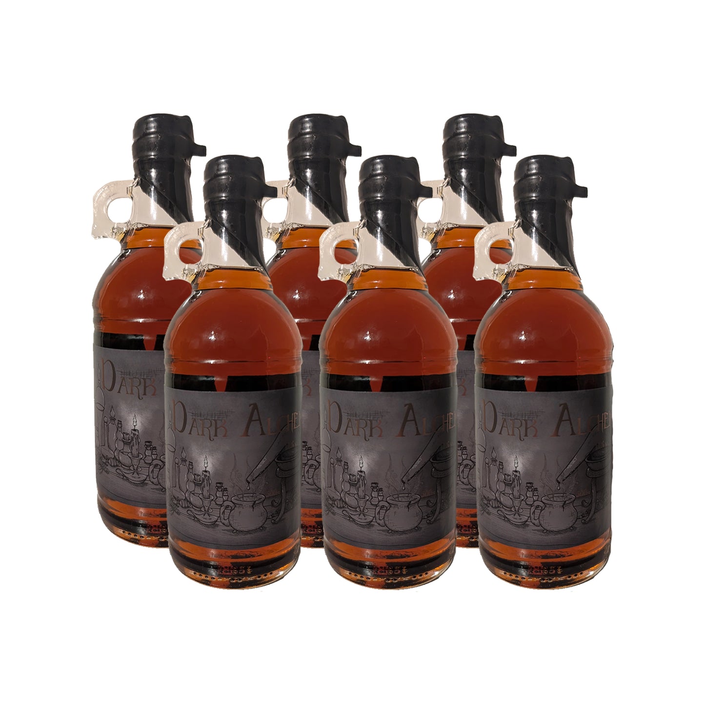 Six bottles of Dark Alchemy on a white background.