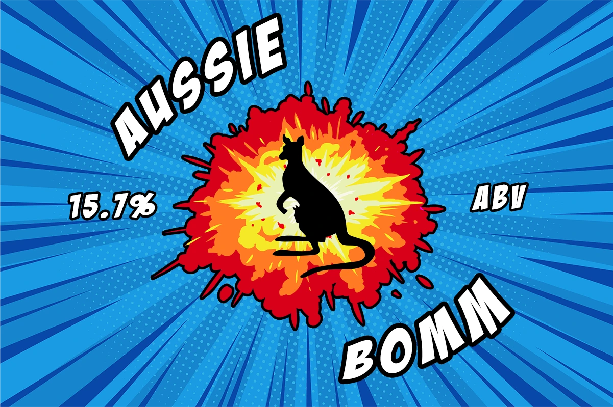 Aussie BOMM - 15.7% ABV. The silhouette of a kangaroo in front of an explosion, comic book styling.