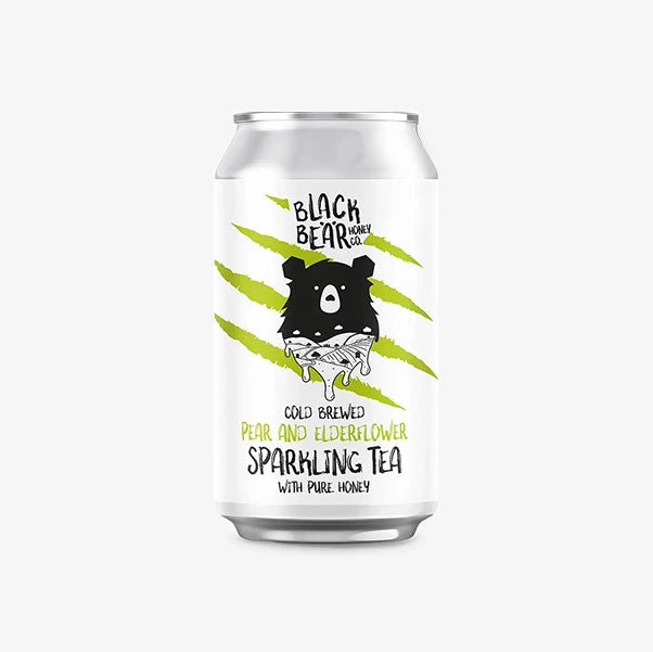 Can of Black Bear Honey Co. cold brewed sparkling tea with a bear illustration on a white background