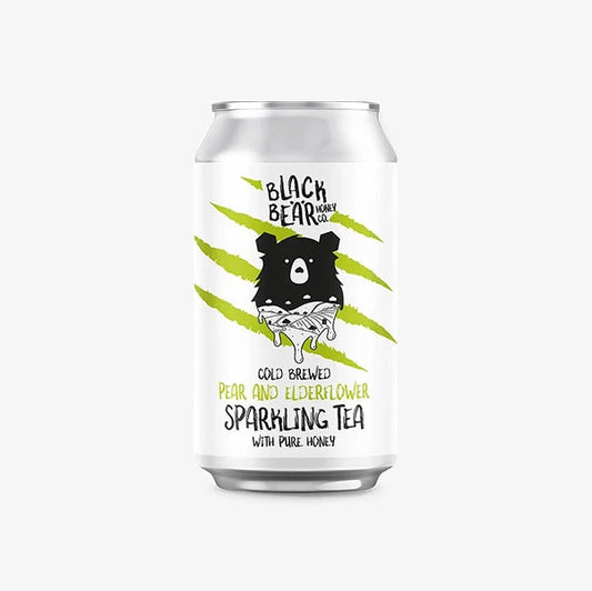 Can of Black Bear Honey Co. cold brewed sparkling tea with a bear illustration on a white background