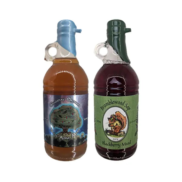 A 500ml bottle of Bramblewood Sap and a 500ml bottle of Celestial Orchard.